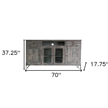 70" Gray Solid Wood Cabinet Enclosed Storage Distressed TV Stand
