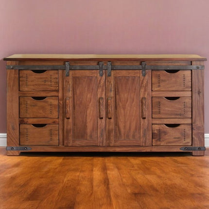 60" Brown Solid Wood Enclosed Storage Distressed TV Stand