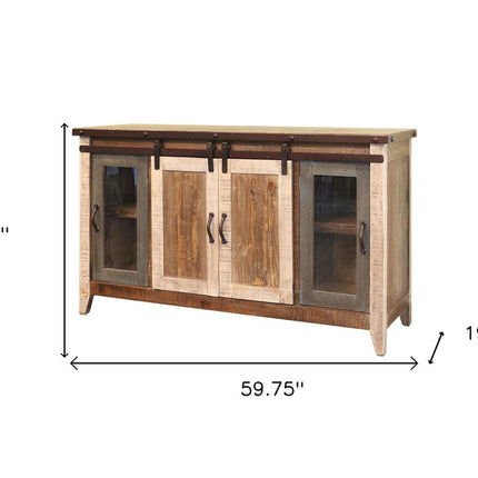 60" Brown Solid Wood Cabinet Enclosed Storage Distressed TV Stand