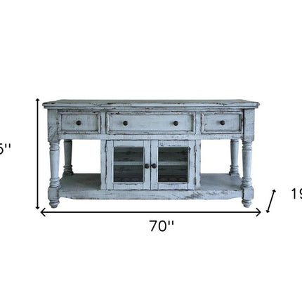 70" Blue Solid Wood Open shelving Distressed TV Stand