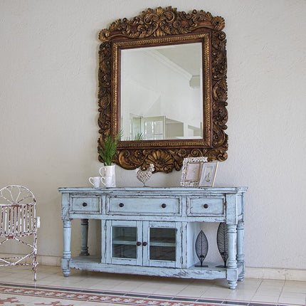 70" Blue Solid Wood Open shelving Distressed TV Stand