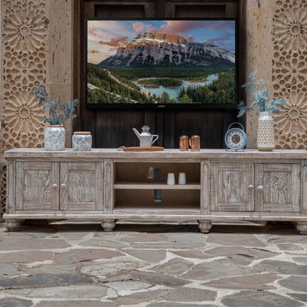 93" Desert Sand Solid Wood Cabinet Enclosed Storage Distressed TV Stand