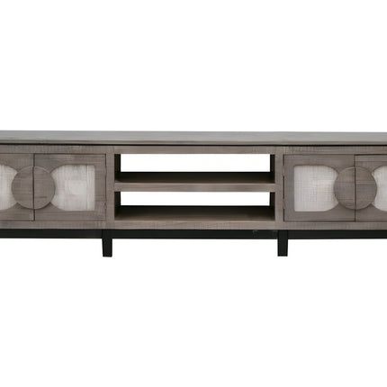 93" Gray Solid Wood Cabinet Enclosed Storage Distressed TV Stand