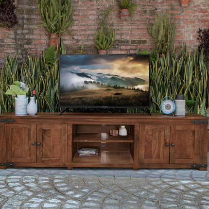 93" Brown Solid Wood Cabinet Enclosed Storage Distressed TV Stand
