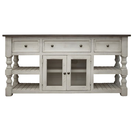 60" Ivory Solid Wood Open shelving Distressed TV Stand