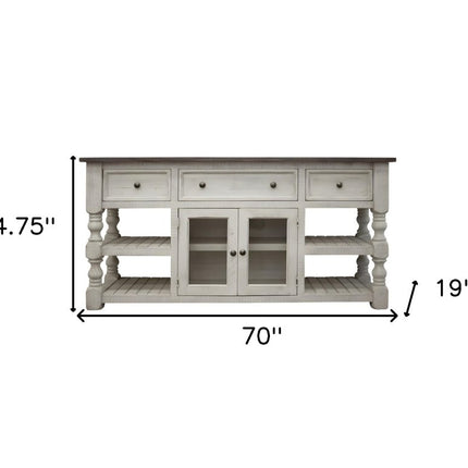 70" Ivory Solid Wood Open shelving Distressed TV Stand