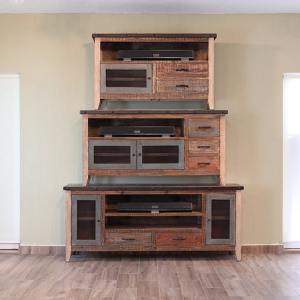 61" Brown Solid Wood Cabinet Enclosed Storage Distressed TV Stand