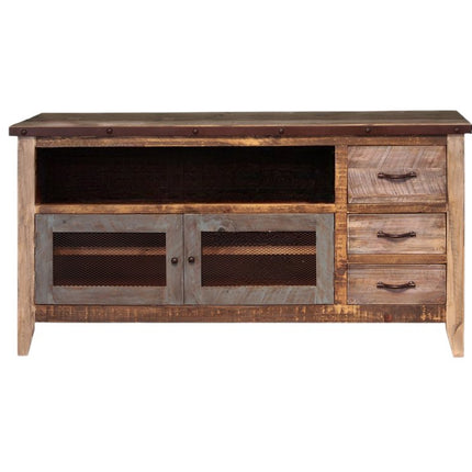 61" Brown Solid Wood Cabinet Enclosed Storage Distressed TV Stand
