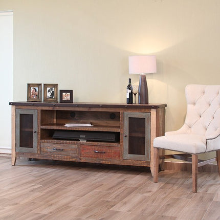76" Brown Solid Wood Cabinet Enclosed Storage Distressed TV Stand