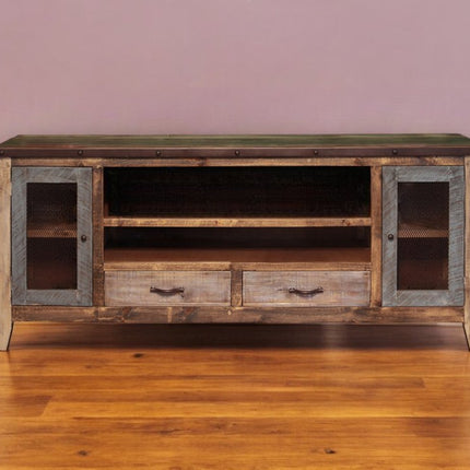 76" Brown Solid Wood Cabinet Enclosed Storage Distressed TV Stand