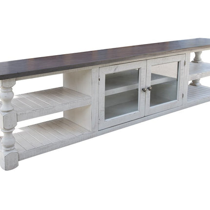 93" Gray and Ivory Solid Wood Cabinet Enclosed Storage Distressed TV Stand