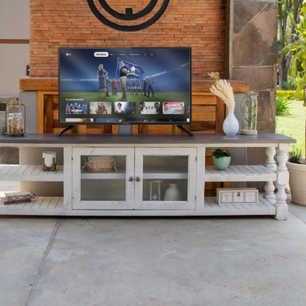 93" Gray and Ivory Solid Wood Cabinet Enclosed Storage Distressed TV Stand