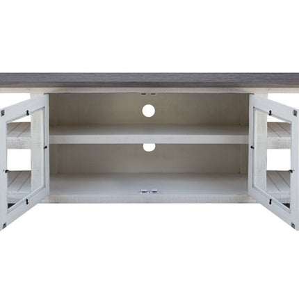 93" Gray and Ivory Solid Wood Cabinet Enclosed Storage Distressed TV Stand