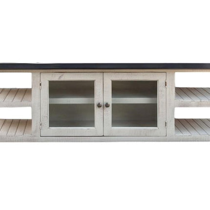 93" Gray and Ivory Solid Wood Cabinet Enclosed Storage Distressed TV Stand