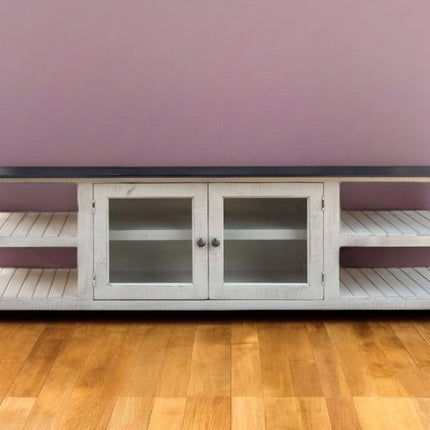 93" Gray and Ivory Solid Wood Cabinet Enclosed Storage Distressed TV Stand