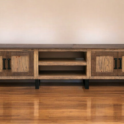 93" Brown Solid Wood Cabinet Enclosed Storage Distressed TV Stand