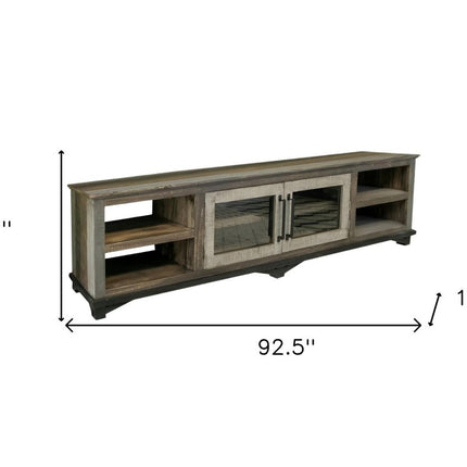 93" Brown Solid Wood Cabinet Enclosed Storage Distressed TV Stand