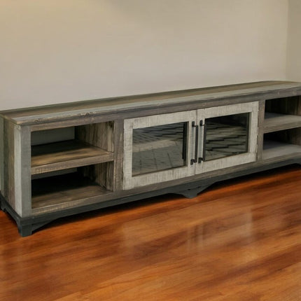 93" Brown Solid Wood Cabinet Enclosed Storage Distressed TV Stand