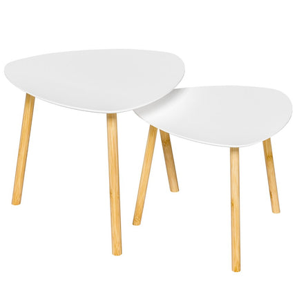 Set of Two White and Natural Wood and Solid Wood Triangle Nested Coffee Tables