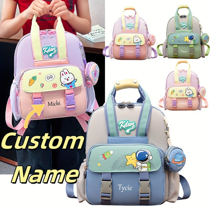 Customizable name, cute cartoon bunny/ astronaut design backpack with detachable small wallet