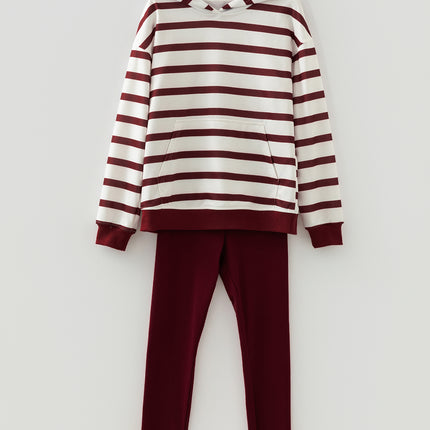 Red Stripe Pullover Hoodie Ribbed Solid Pants 2pcs Set Outfit