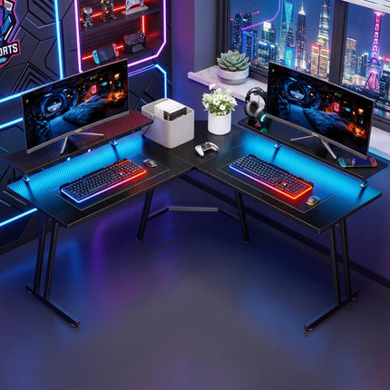 L-Shaped Gaming Desk with Carbon Fiber Surface, Dual Monitor Stands & LED