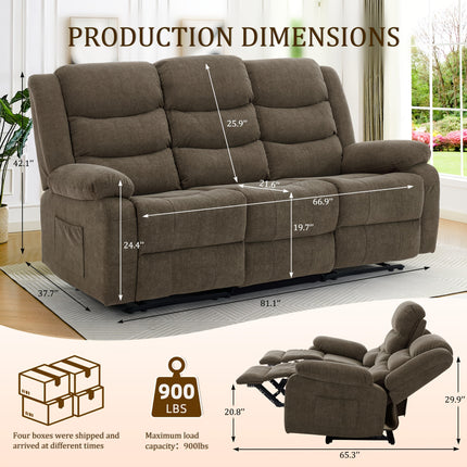 Modern Living Room Furniture - 3-Seater Reclining Sofa with Drop-Down Table, Cup Holders