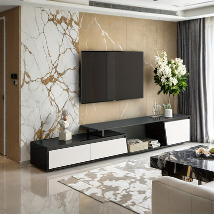 Minimalist floating design TV stand, rectangular expandable TV console, TV cabinet with 2 drawers