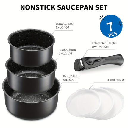 Induction Saucepan Set 7pcs, Nonstick Pots Set with Removable Handles, for All Hobs, Stackable Design,