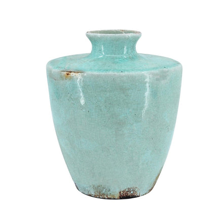 12" Aqua Terracotta Crackle Glaze Round Table Vase