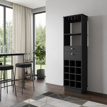 63" Black Wood Bar Cabinet With Two Drawers