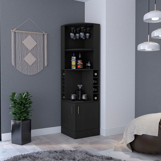 71" Black Wood Corner Bar Cabinet With Two Doors