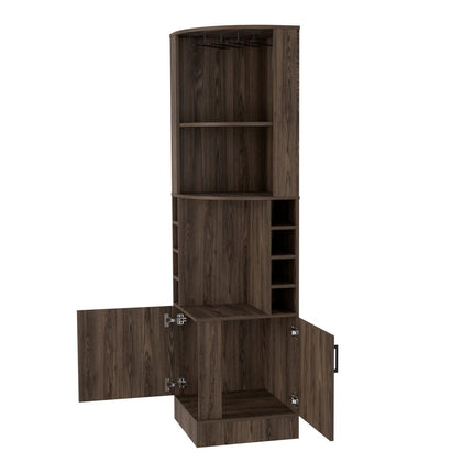 71" Walnut Wood Corner Bar Cabinet With Two Doors