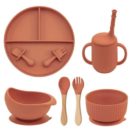 Baby Silicone Cookware Feeding Plate Bowl Set Non-Slip Suction Food Dishes Drinking Cup BPA Free Fork Spoon Children's Tableware