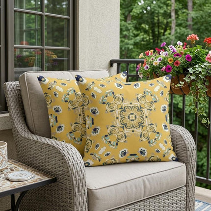 Set of Two Yellow And Blue Botanical Indoor Outdoor Throw Pillow