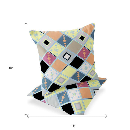 Set of Two Yellow And Pink Diamond Indoor Outdoor Throw Pillow