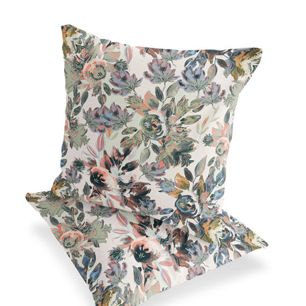 Set of Two White Pink And Gray Floral Indoor Outdoor Throw Pillow