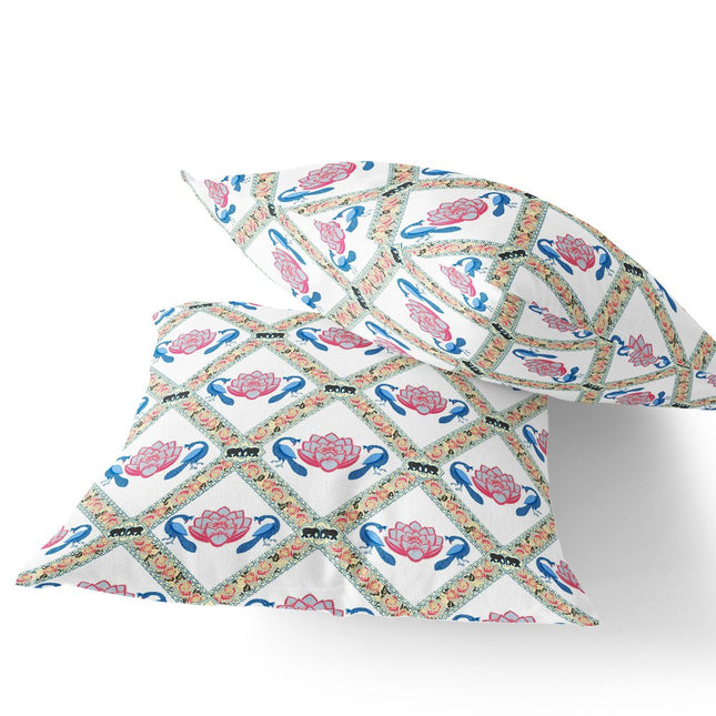 Set of Two White Blue And Gray Floral Indoor Outdoor Throw Pillow