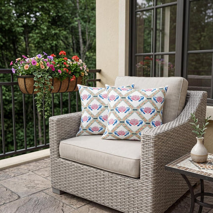 Set of Two White Blue And Gray Floral Indoor Outdoor Throw Pillow