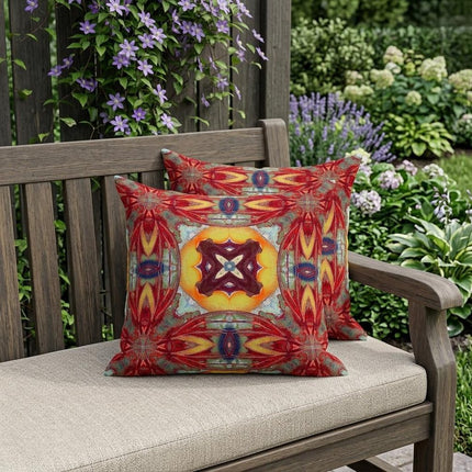 Set of Two Yellow Red Magenta And Green Floral Indoor Outdoor Throw Pillow