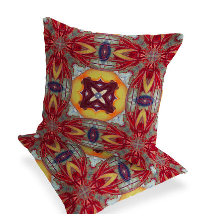 Set of Two Yellow Red Magenta And Green Floral Indoor Outdoor Throw Pillow