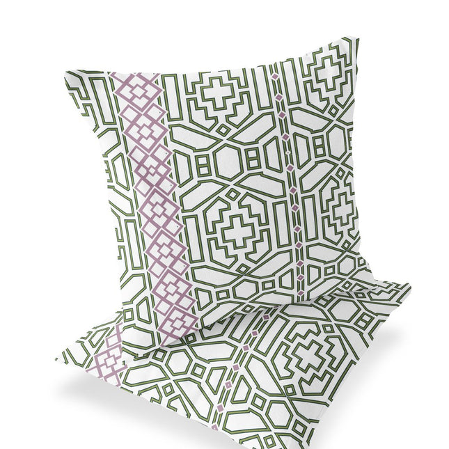 Set of Two White Purple And Light Green Geometric Indoor Outdoor Throw Pillow