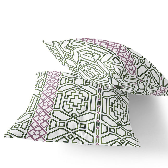 Set of Two White Purple And Light Green Geometric Indoor Outdoor Throw Pillow