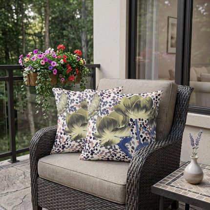 Set of Two Yellow Blue And Peach Floral Indoor Outdoor Throw Pillow