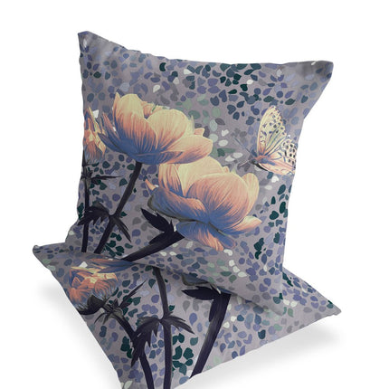 Set of Two Yellow Black And Gray Floral Indoor Outdoor Throw Pillow