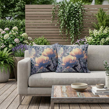 Set of Two Yellow Black And Gray Floral Indoor Outdoor Throw Pillow