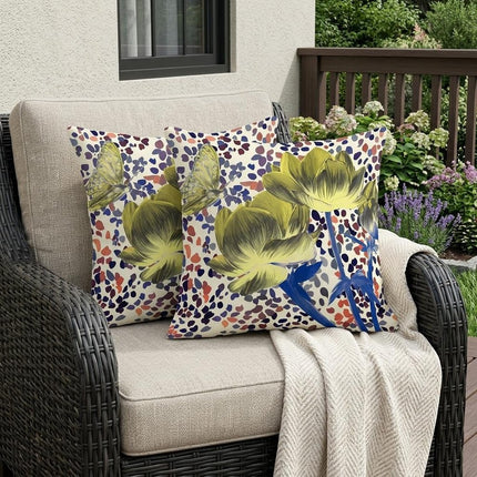 Set of Two Yellow Blue Orange And Cream Floral Indoor Outdoor Throw Pillow
