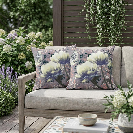 Set of Two Yellow Blue And Gray Floral Indoor Outdoor Throw Pillow