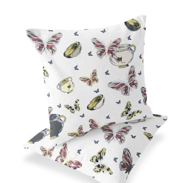 Set of Two White Yellow And Charcoal Butterfly Indoor Outdoor Throw Pillow