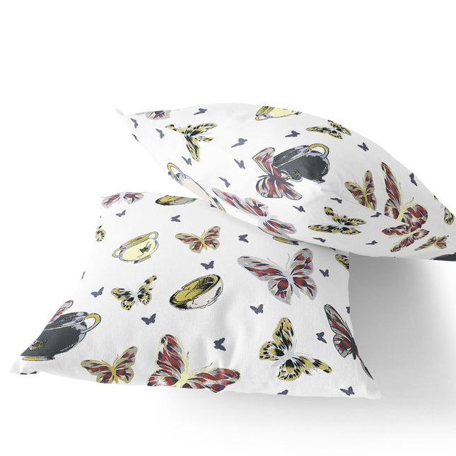 Set of Two White Yellow And Charcoal Butterfly Indoor Outdoor Throw Pillow